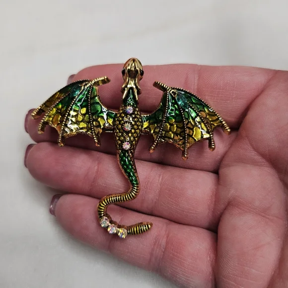 Dripping Oil Enamel Dragon Brooch Retro Style Pin Rhinestone Sparkling Goth Punk - Picture 6 of 7